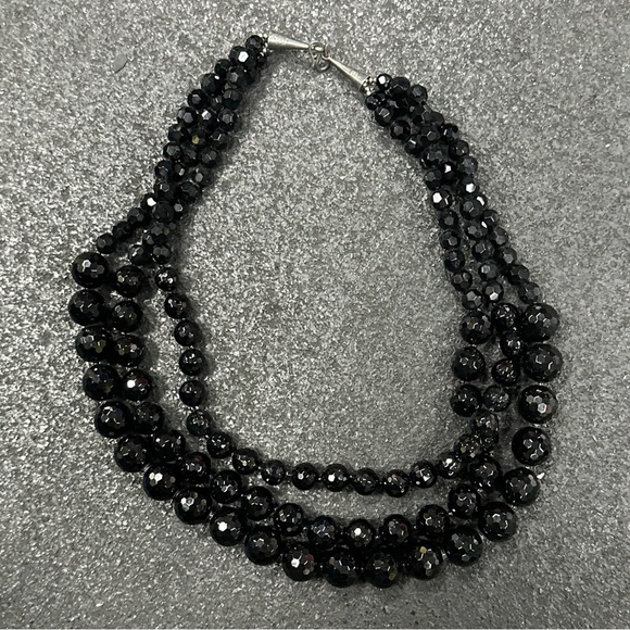 925 Black glass Beaded 3 Strand 18-20” Necklace - Picture 1 of 4